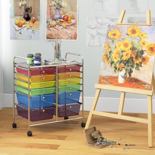 Image of LDAILY 12 Drawer Rolling Storage Cart, Craft Cart Organizer on Wheels w /Metal Frame, Large Capacity & Smooth Drawer, Rolling Cart w /Drawers for Classroom, Office