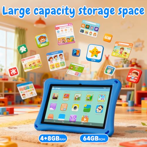 Image of Kids Tablet, 10.1 inch Android Tablet, 12GB+64GB, 1TB Expandable, 5G WiFi 6, BT 5.0, Quad-Core, 6000mAh, Dual Camera, AWAWA Parental Control Mode, Blue Light Eye Protection Screen with Case.