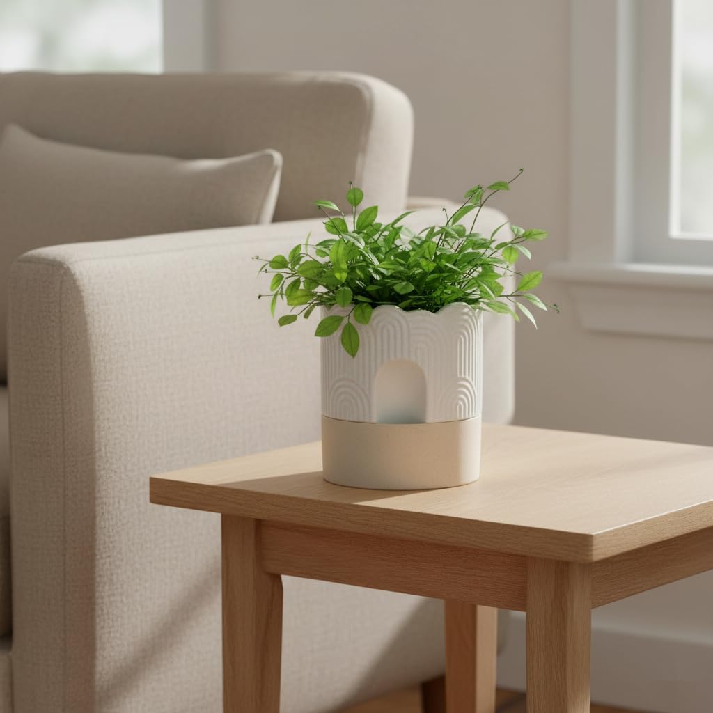 Nihow Self Watering Plant Pot: 6 Inch Ceramic Planter with Drainage Hole & Water Storage Plus - Relief Design Self Watering Pot for Indoor Plants - Beige & Nature Flower Pot