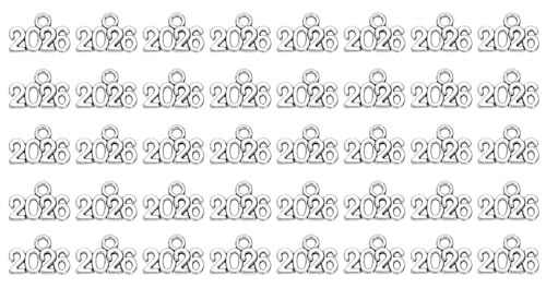 Shapenty Mini 2026 Charms Metal Year Signet 2026 DIY Pendant Charm Accessory Bulk for Bracelet Necklace Earring Keychain Craft Jewelry Making Christmas Graduation Party Decor 40PCS (Silver)