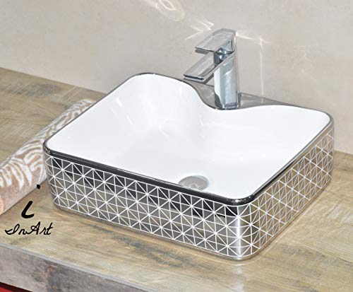 Image of InArt Designer table top wash basin for bathroom / bathroom sink / cabinet wash basin / ceramic basin / counter top basin / vanity washbasin in Rectangle Shape Silver White 19 x 15 x 5 Inch