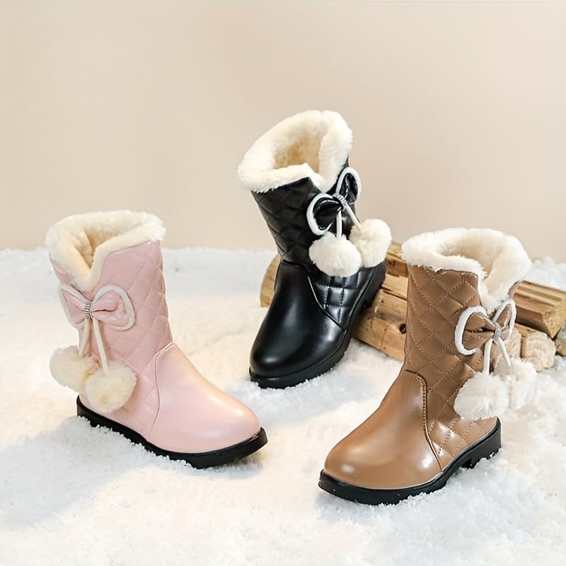 Kids Cute Snow Boots with Bow Tassels, Mid Tube Slip On Boots, Winter Warm Boots for Girls Fuzzy Fleece3