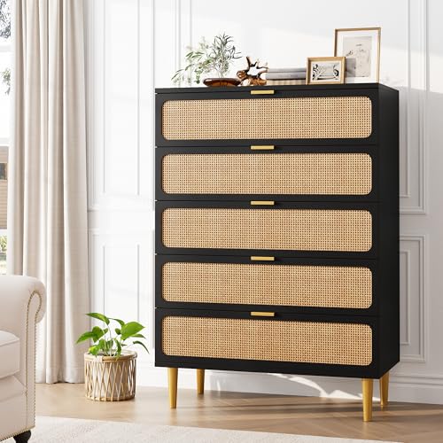 GarveeHome Rattan 5 Drawer Dressers for Bedroom, Tall Dresser with Deep Drawers, Large Chest of Drawers for Closet with Wide Top, Long Wooden Dresser for Living Room, Hallway, Kids Room, Black