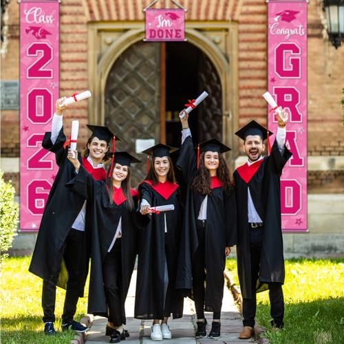 Image of Moukeren 3 Pieces 2026 Graduation Party Decorations Graduation Porch Sign Class of 2026 Grad Hanging Porch Banner Backdrop Door Sign for Grad Party Wall Home Door Decor (Rose Red)
