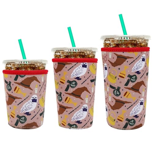 Image of YR Reusable Neoprene Insulator Sleeve for Iced Coffee Cups, 3 Pack Coffee Coolies sleeves for Iced & Hot Drinks, Cold Beverage Cooler Compatible with Starbucks Coffee and More (Horcrux)