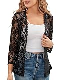 KWSTAIN Lace Shrugs for Evening Dresses Formal White Bolero Kimono Summer Lightweight Mesh Sheer Floral 3/4 Sleeve Tops Jacket Coat Bikini Swimsuit Coverup for Women Girls (Black,XL)