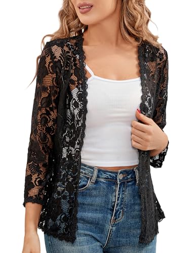 Bolero Shrugs for Women Dresses Black White Lace Summer Beach Lightweight Sheer Long Sleeve Wedding Cardigan Dressy