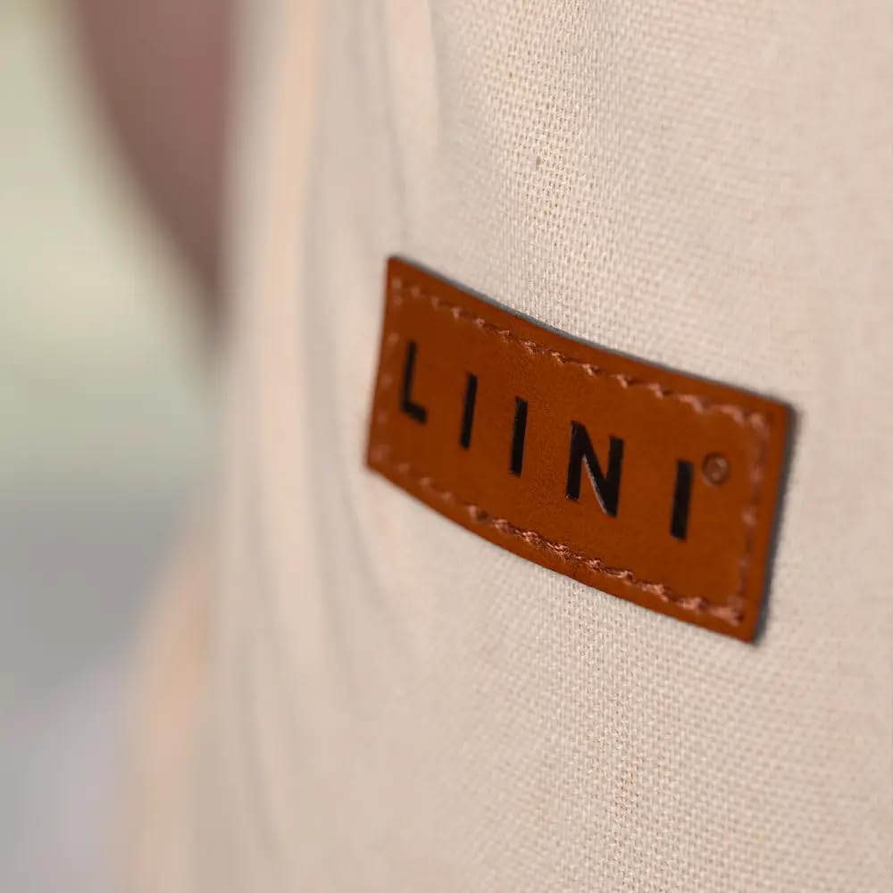LIINI® Babytrage aus Leinen (Beige) – ab Geburt (3,5 kg) bis 15 kg, verstellbare Träger, Kopfstütze, Klickverschluss, ergonomisch & bequem – CE EN71-3 & SGS EN13209-2