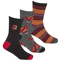 Metzuyan 3 Pairs Boys Childrens Soft Bamboo Socks Embroidered T-Rex Mid Calf Novelty Dino Dinosaurs Printed Socks Red 12.5-3.5