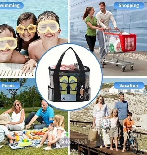 Mesh Beach Bag, Black, Portable Tote with Zipper, Multiple Pockets, See-Through Design for Pool, Beach, Travel, Large Capacity Storage4