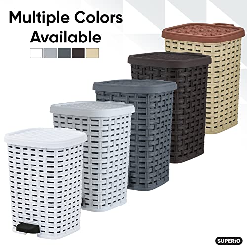 Image of Superio Small Outdoor Trash Can with Lid for Dog Poop 1.5 Gallon /6 L Mini Plastic Garbage Can with Foot Pedal for Bathroom, Bedroom, Office, Patio, Wicker Smoke