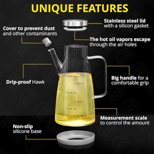 Image of ABOUT SPACE Glass Oil Dispenser 550 ml with Stainless Steel Cap, Silicone Base, Measurement, Drip-proof Hawk with Dust Cap, Leak-proof Oil Bottle for Kitchen, Upto 300F Easy to Refill Oil Container