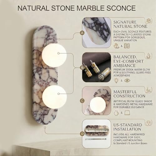 Image of Natural Marble Wall Sconces, 2-Light Alabaster Wall Light in one sconce, Hardwired Wall Light Fixtures, Modern Wall Mount Wall Lights for Dining Room Stairs Bedroom