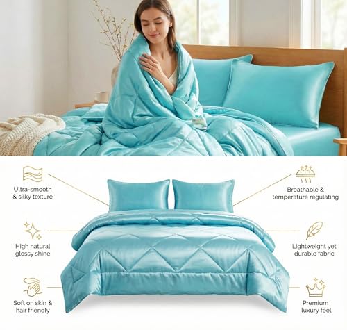 Image of SANMARINO 300 TC Satin Silk AC Comforter Set King Size Double Bed with 1 Fltted bedsheet & Two King Pillow Covers, 4 Pieces Bedding Set (90x100 inch & 72x78 inch, Light Blue)