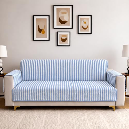 Image of Homerz Premium 3 Seater Quilted Reversible Sofa Cover Mat with Pocket Arms | Polyester Blend 350 GSM Full Coverage & Back Belt for Stability (Azurea, 3 Seater)