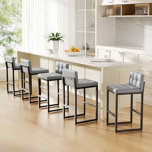 Image of 24 inch Bar Stools Set of 5, Modern Faux Leather Counter Height Bar Stools with Low Back and Footrest, Sturdy Thickened Metal Leg, Upholstered Kitchen Bar Chairs, Light Grey