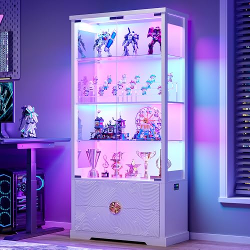 Image of TAGELIER Display Cabinet with Glass Doors and RGB LED Lights, 2 Drawers