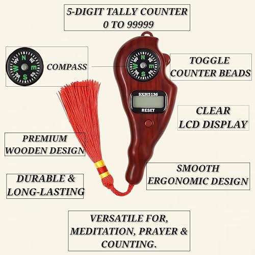 Image of Electronic Wood-Grain Hand Tally Counter with Built-in Compass & Red Tassel - Digital Prayer Bead /Tasbih Clicker with LCD Display and Reset Function (Compass+Tally Counter)