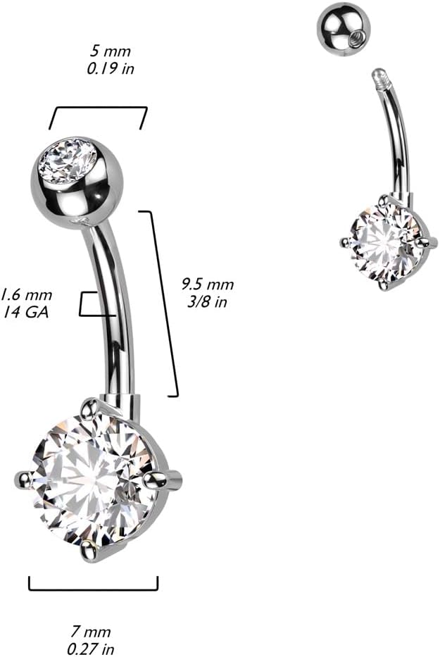 Pierced Owl 14GA ASTM F-136 Implant Grade Titanium Prong Set CZ Crystal Belly Button Ring