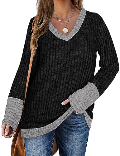 DUOEASE Femme Pull Hiver Manches Longues Léger Top Col en V Décontracté Elegant Sweater(Épissage Noir,M)