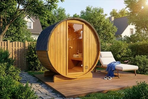 FinnTherm Sauna tonneau Mini XXS avec 2 bancs en bois, sauna avec paroi de 42 mm d'épaisseur, sauna d'extérieur avec matériel de montage