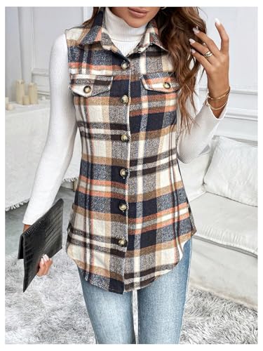 WDIRARA Women's Plaid Vest Button Down Sleeveless Shacket Jacket Collar Outerwear4