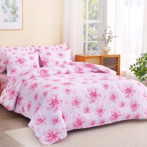 Image of lasoftan Floral Queen Comforter Set with Sheets, 7 piece Luxury Vintage Bedding, Soft Microfiber Bed in a Bag, Cozy Lightweight Bed Set, Pink Floral