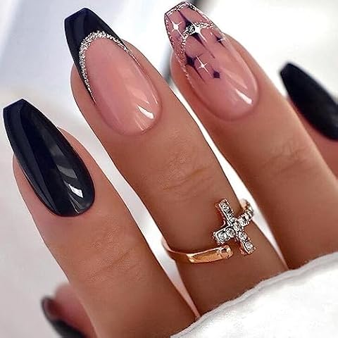 Diduikalor Press On Nails Medium Coffin Fake Nails French Tip False Nails, Black With Silver Glitter Acrylic Glue On Nails Full Cover Stick On Nails For Women（24pcs） Cover