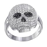 Real Solid 925 Sterling Silver Mens Iced Ring - Flooded Out Skull Emoji W. Black Diamond Eyes - Santa Muerte Pinky Emoji Ring Or On Any Finger - Hip Hop Ring For Men (11)