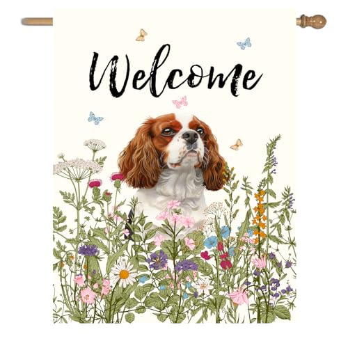 Floral Cavalier King Charles Spaniel Garden Flag Spring Summer House Flags 28 x 40 Double Sided Flower Dog Yard Flags for Outside Large Outdoor Welcome Flags