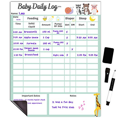 Image of Baby Daily Log Chart Dry Erase Whiteboard for Logging Daily Schedule for Newborns and Toddlers, Log Feeding, Diaper Change, Naps and Daily Activities, Board for Refrigerator, with Pen and Eraser