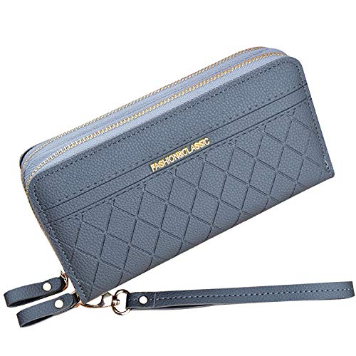 Monedero de Mujer con Doble Cremallera Monedero Cartera de Cuero PU Billetera del Teléfono Cartera de Embrague Larga de Gran Capacidad Billetera con Múltiples Ranuras para Tarjeta Billetera (Gris1)