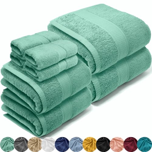 LEBENGOOD Juego de Toallas Baño, Algodón Premium, 550gsm, 4 de Tocador (30x30), 2 de Lavabo (50x90), 2 de Ducha (70x130), Extra Suaves, Absorbentes Resistentes (Pack 8 Aqua)