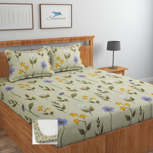Image of 202 TC Cotton Feel All Around Elastic Fitted Bedsheet, Elastic Fitted Bedsheet King Size Bedsheet for Double Bed with 2 Pillow Covers, Size - 72 x 78 x 8 Inch Color Lemon