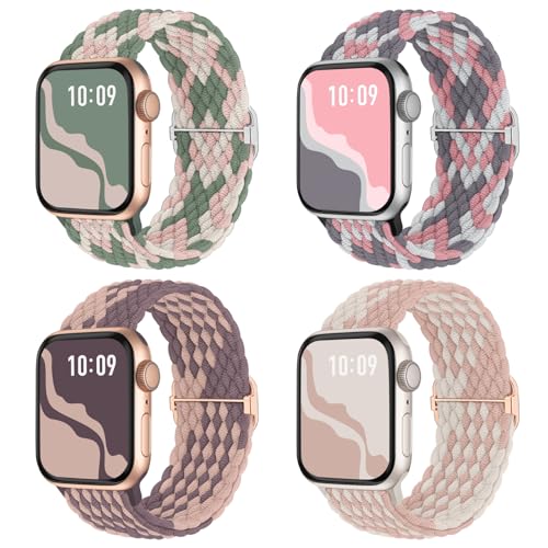 Image of 4 Pack Braided Stretchy Bands Compatible with Apple Watch 40mm 41mm 38mm 42mm 44mm 45mm 46mm 49mm Women Men, Breathable Nylon Elastic Daily Use Straps for iWatch Series 11 /10 9 8 7 6 5 4 3 SE /Ultra 2