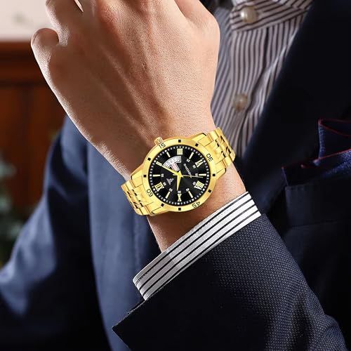 Image of TIMEWORKS Stainless Steel Designer Golden Round Shape Day & Date Dial Men's & Boy's Analog Watch, Band Color:Gold