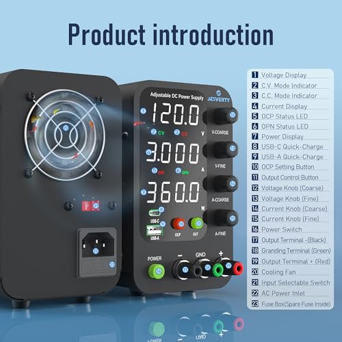 Image of DC Power Supply Variable, 0-120V 0-3A Switching Bench Power Supply with 20W USB & Type-C Quick-Charge, Encoder Corase & Fine Adjustment Knob, Output Switch, 4-Digit LED Display - SPS-12003V