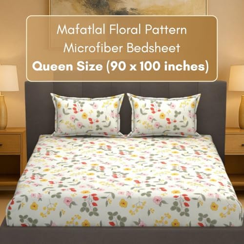 Image of Mafatlal Luxe Lilac 140 GSM Soft Microfiber Double Bedsheet with 2 Pillow Cover for Queen Size Bed, 90x100 Inch - Off White, Lightweight, Cozy & Durable