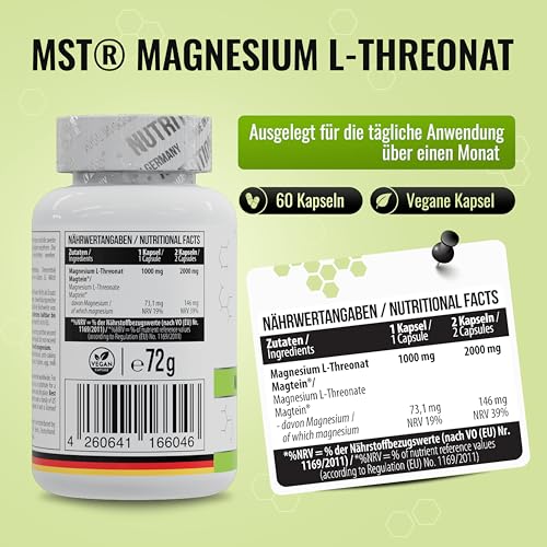 MST® Nutrition Magnesium L-Threonate 1000 mg pro Kapsel - L-Threonate 2000 mg pro Potrion hochdosiert – Magnesiumpräparat mit Magtein® (60 Kapseln)
