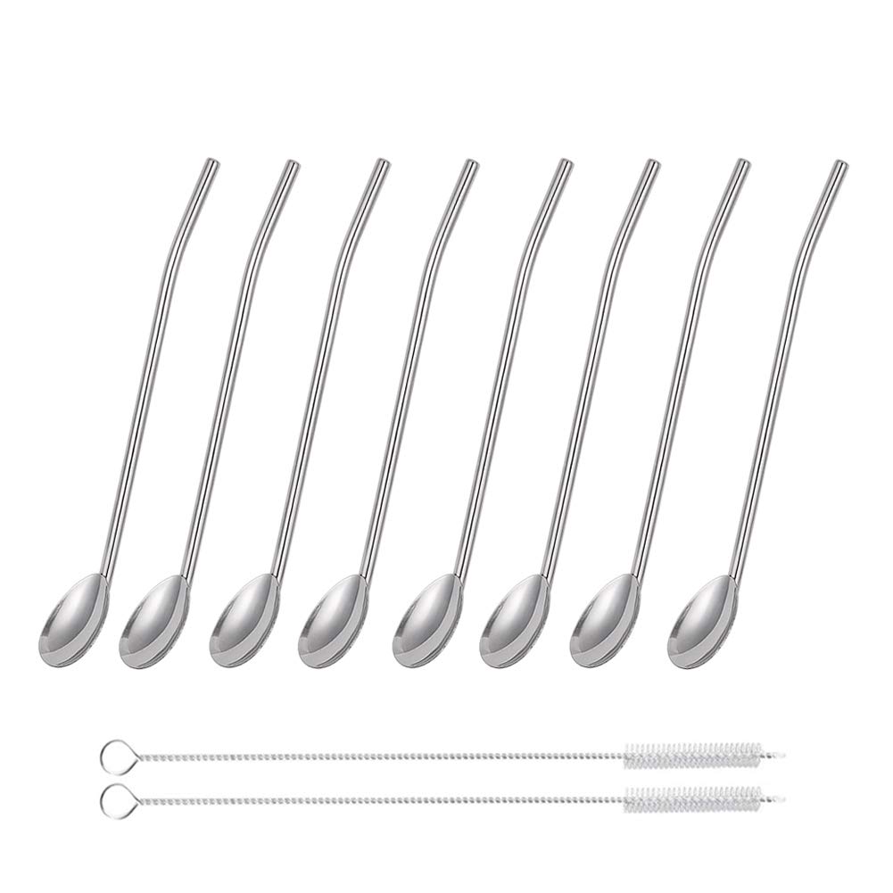 Elitlife Stainless Steel Spoon Straws, 2 in 1 Reusable 8 Inch Stainless Steel Spoon & Drinking Straws - Include 8 Drinking Straws Mixing Spoon, 2 Cleaning Brushes (Oval-Shaped)