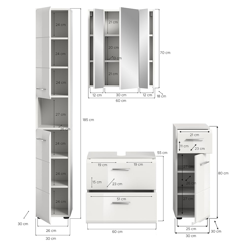 Lomadox Badezimmer Badmöbel-Set 4-teilig in weiß mit weiß Hochglanz, mit 1 Hochschrank, 1 Unterschrank, 1 Spiegelschrank mit 3D-Funktion & 1 Waschbeckenschrank
