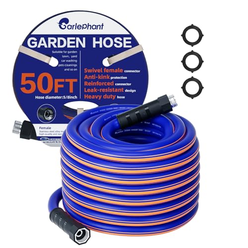 Garlephant garden hose 50 ft x 5/8Inch, Hybrid Rubber 50 ft water hose, Durable, Anti-UV, Sturdy, No-Leakage, Lightweight, Flexible, Heavy Duty garden hoses with Swivel Handle