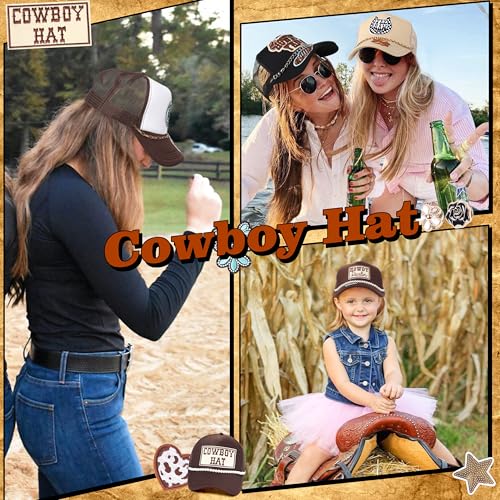 Image of Meneng Western Trucker Hat for Cowboy: Men Women Adjustable Snapback Caps with 8pcs Embroidered Patches and a Chain