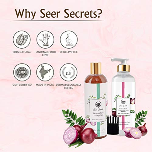 Image of Seer Secrets Natural Onion Hair Pack of Restorative Scalp Curry Leaf, Neem & Onion Hair Oil 200 ML & Probiotic Root Strengthening Yogurt, Curry Leaf & Onion Shampoo 200ml- Combo Pack