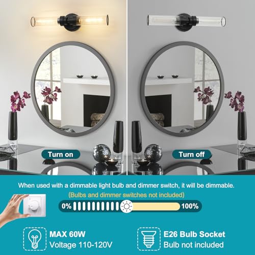 Image of Bathroom Light Fixtures, Black Wall Sconce in Threaded Glass Indoor Vanity Lights, Modern Bathroom Vanity Light Up and Down Sconces Wall Lighting for Bathroom, Living Room - Bulb Not Included