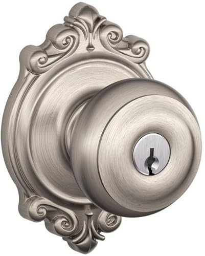 Schlage F51A GEO 619 BRK - Pomo georgiano con moldura Brookshire y cerradura de entrada con llave - Níquel satinado