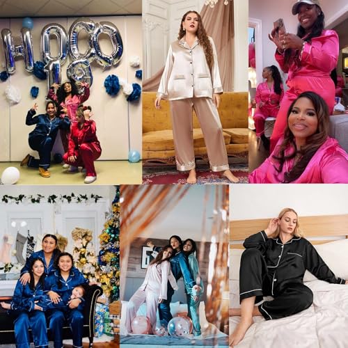 SWOMOG Women Plus Size Long Sleeve Pajamas Silk Satin Pajama Sets Button Down Sleepwear Pjs Loungewear with Pockets4