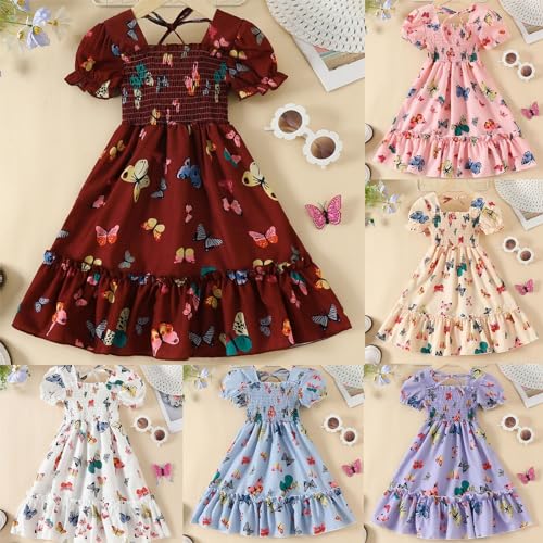 Girls Short Bubble Sleeve Butterfly Print Smocked Ruffle Dresses for Tween Girl Casual A-Line Midi Party Clothing2