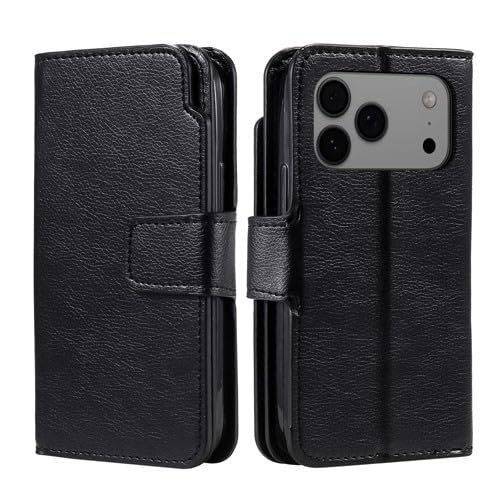 Étui pour iPhone 17 Pro noir avec double portefeuille magnétique en cuir à rabat