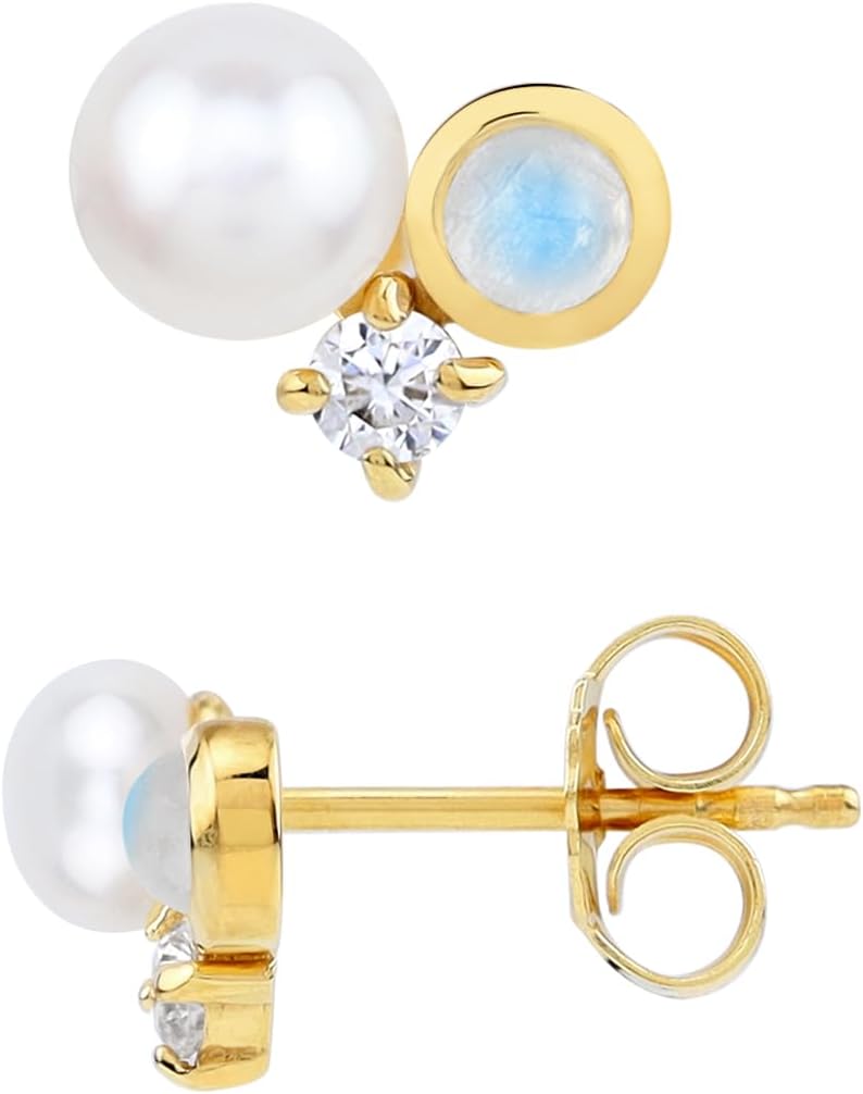 Silvershake 5MM Cultured Freshwater White Pearl and Natural Rainbow Moonstone White Gold Plated or Yellow Gold Plated 925 Sterling Silver Casual Stud Post Earrings Jewelry for Women or Teens